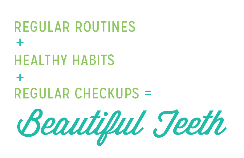 Lufkin Kids Dentistry Office saying: Regular routines + Healthy habits + Regular checkups = Beautiful Teeth